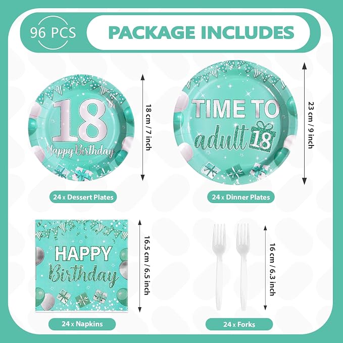 96Pcs Teal and Silver 18th Birthday Party Supplies, Serves 24 | Teal Plates and Napkins Tableware Sets Eighteen Party Decorations for Teens Boys and Girls 18 Years Old Birthday Supplies