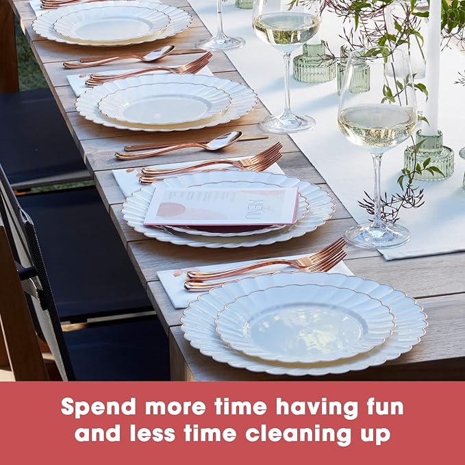 By Madee HEAVYWEIGHT 175 Pc Fancy Disposable Dinnerware Set | Ivory Scalloped Rose Gold Plates and Napkins, Cutlery | Elegant Disposable Plates Set for Wedding, Bridal Shower, Baby Shower (25 Guests)