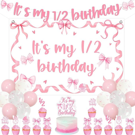Kreatwow Pink Bow Half Birthday Decoration It's My 1/2 Birthday Backdrop Banner Sweet 6 Month Party Decoration Bow Half Way To One Decor with Cake Topper Balloon for 6 Month Girl Bday Party Supplies