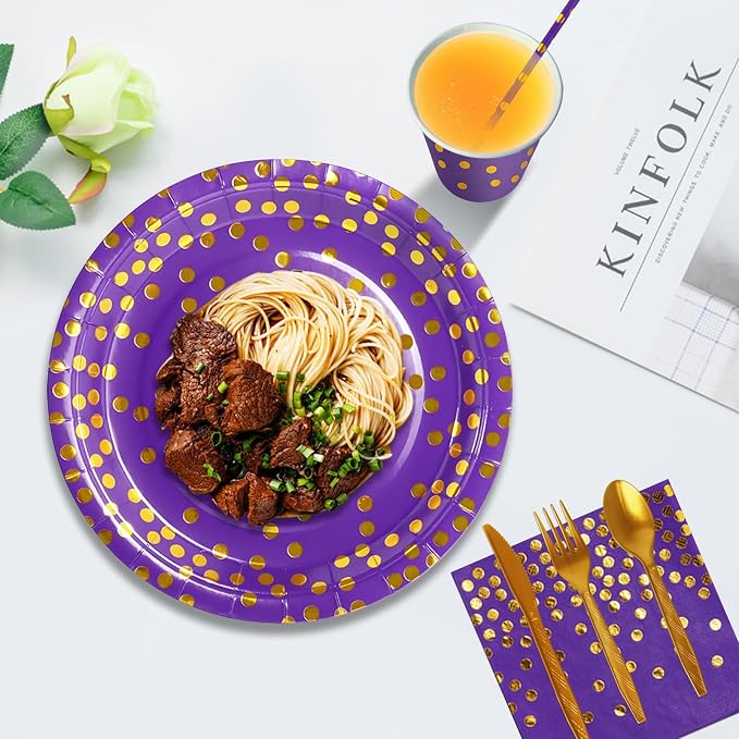 Nkaiso Paper Plates and Napkins Set, 193 Pieces Purple Gold Party Supplies Includes Paper Plates Cups Napkins Straws and Cutlery for Birthday Wedding Holidays Parties Decorations-24 Guests