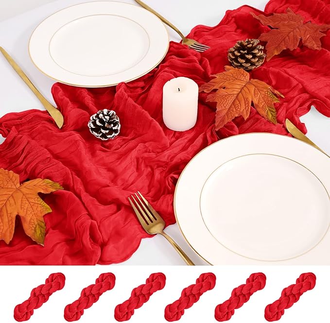 6 Pack Cheesecloth Table Runner,Red Table Runner Long Romantic Semi Sheer Rustic Boho Gauze Table Runners for Wedding Bridal Shower Birthday Party Decorations(17.7×108 Inch)