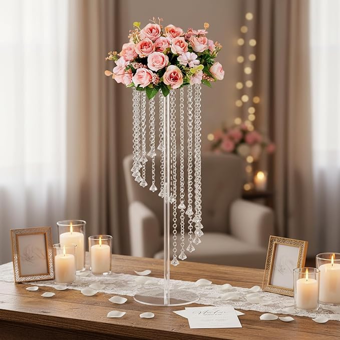 Clear Acrylic Tall Flower Vases -2 Pcs 31.5" Cylinder Pedestal Stands for The Table Centerpieces for Parties, Chandelier Crystals Decorative Flower Stand, Wedding, Celebration, Home Decoration
