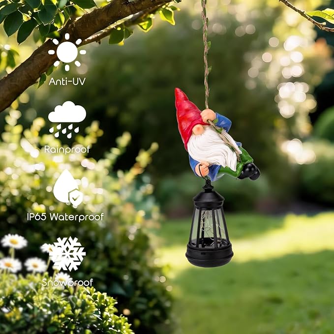 Solar Hanging Gnome Garden Statues Climbing Rope Gnome with LED Lantern Outdoor Decor Tree Hugger Yard Porch Wall Fence Decoration Mother's Day Birthday Gifts for Mom Women, Red Hat