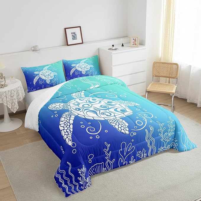 Feelyou Sea Turtle Comforter Set King Size Kids Ombre Art Comforter for Boys Girls Teens Marine Themed Bedding Set Underwater Animal Duvet Set Ocean Creature Quilt
