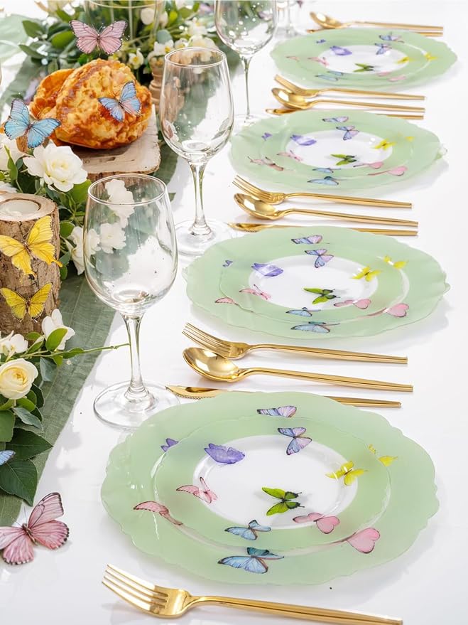 WDF 20PCS Green Butterfly Plates - Baroque Spring Plates Disposable - Butterfly Party Decorations for Birthdays/Tea Party/Bridal Shower/Mother's Day