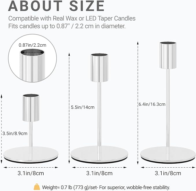 zeochyni Silver Candlestick Holders Set of 24 for Wedding Party Decoe | Metal Taper Candle Holders Bulks in 3 Heights with Weighted Base for Dining, Wedding, Mantel Decor and Housewarming Gift