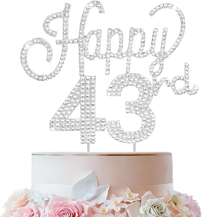 LINGTEER Happy 43rd Birthday Silver Rhinestone Cake Topper - Cheers to 43rd Birthday 43 Years Old Anniversary Party Cake Centerpieces Topper Decorations Gift Sign.