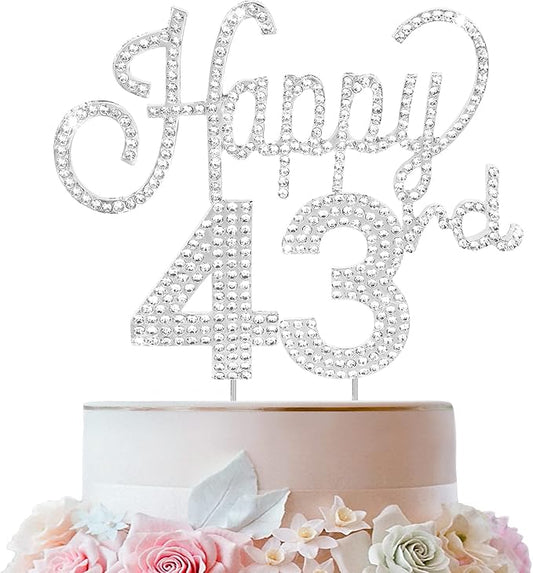 LINGTEER Happy 43rd Birthday Silver Rhinestone Cake Topper - Cheers to 43rd Birthday 43 Years Old Anniversary Party Cake Centerpieces Topper Decorations Gift Sign.