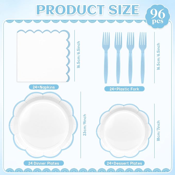 96 Pcs Paper Plates & Napkins Set, Light Blue & White, 24 Guest | White Dessert Plates with Baby Blue Scalloped Edge, Includes Napkins and Forks, For Baby Boy Shower, For Wedding