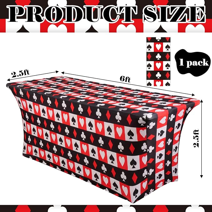 Frienda 1 Pcs Casino Theme Party Decorations Tablecloth Spandex Stretch Red and Black Poker Tablecloth 71 x 30'' Casino Themed Table Cover for Poker Game Playing Card Birthday Party Supplies