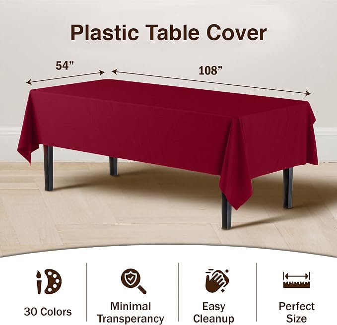 Exquisite Party Solids Burgundy Tablecloths for Rectangle Tables 48 Pack Plastic Table Cloth Disposable 54" X 108" Burgundy Table Cloths Rectangle Tablecloth Plastic Tablecloths Rectangular for Party