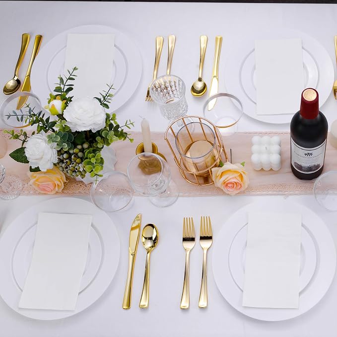 Bestluck 50PCS White Plastic Plates, Disposable Dinnerware for 25 Guests, Include 10.25 inch & 7.5 inch Dinner & Dessert Plates for Party, Wedding and Graduation