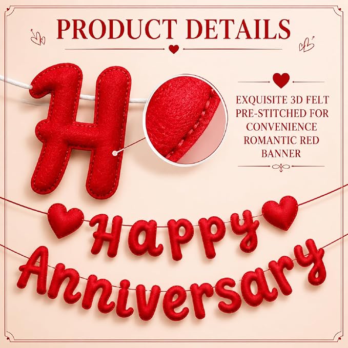 Mindsoft 2 Pcs Pre-Strung 3D Felt Red Happy Anniversary and Heart Garland Banner Reusable Romantic Decorations Happy Anniversary Sign for Wedding Party Decorations Photo Props