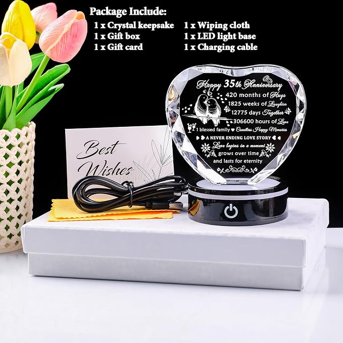 YWHL 35th Wedding Anniversary Crystal Heart Gifts for Parents Couples with LED Base Laser Engraved Happy 35th Anniversary Keepsake Plaque Gift for Husband Wife 35 Years of Marriage Gifts for Her Him
