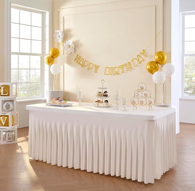 Outpain 6ft Spandex Table Cloth for Standard Folding Tables-4Pack Ivory Table Cloth Table Protector for Party, Wedding, Cocktail, Banquet, Festival
