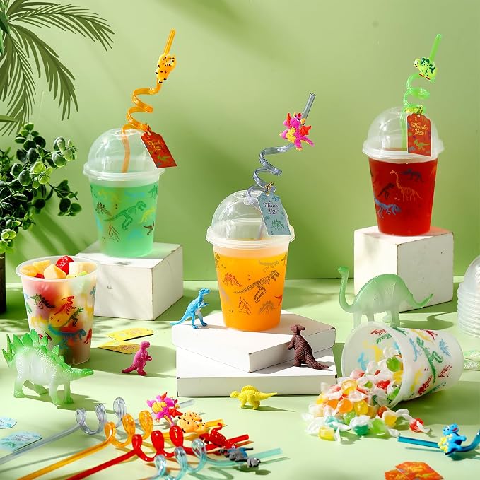 Qinyoung 48 Set Dinosaurs Party Supplies Dinosaur Cups Party Favors Goody Cups with Gift Tags 12 oz Plastic Dino Cup with Lids and Straws Set for Party Decorations