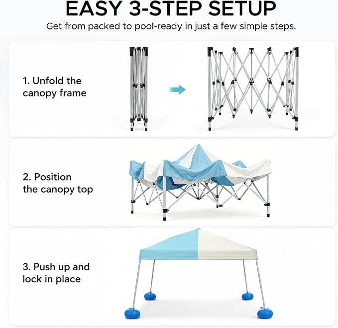 SUNJOY 10x10 FT Floating Pool Canopy Pop Up Gazebo, Gray and Light Blue Water Tent with Steel & Aluminum Frame, PVC Floats, Hand Pump & Carry Bag for Lake, Beach, Pool