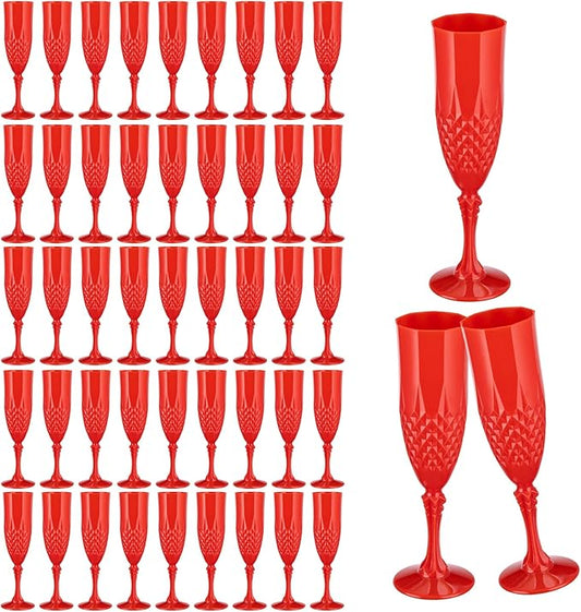 7.1OZ Plastic Champagne Flutes,48PCS Red Acrylic Wine Glasses Goblets Shatterproof Mimosa Bar Reusable Vintage Champagne Flutes Stemmed Drinking Cups for Weddings Bachelor Parties, Toasting,Christmas