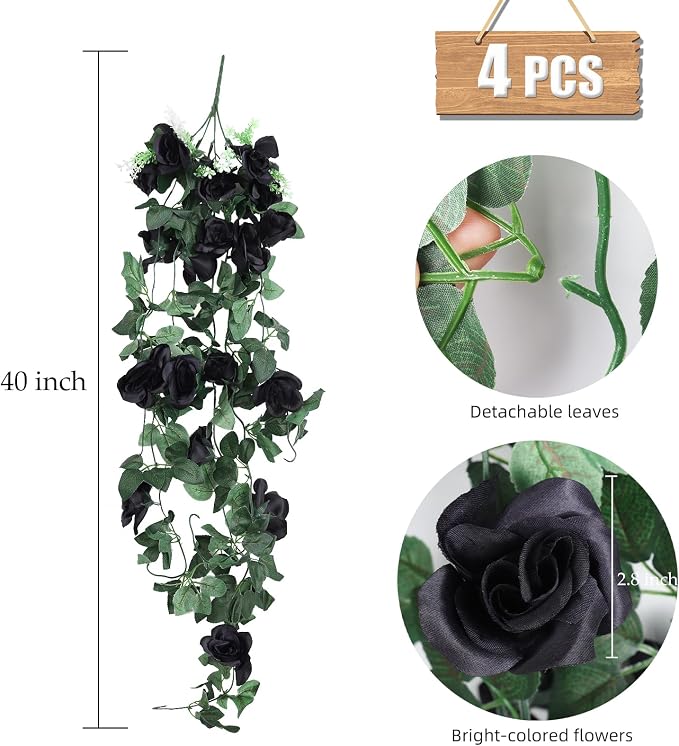 RECUTMS Artificial Black Rose Hanging Flowers Plants, 4 PCS 3.3Ft Fake Floral Halloween Garlands for Home Window Front Porch Garden Wedding Backdrop Wall Hanging Victorian Indoor Outdoor Party