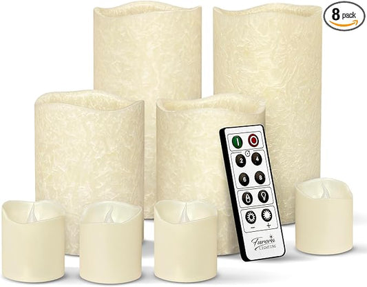 FURORA LIGHTING Ivory Crystallized Flameless Candles - Real Wax, Adjustable Brightness, Remote & Timer - 4 Pillars (3x4, 3x6) and 4 Votives, 8-Pack, Battery Operated