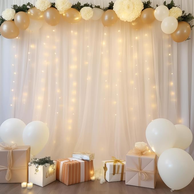 10ft x 8ft White Backdrop Curtains with Lights String for Parties, Sheer Tulle Wedding Photo Backdrops Drapes for Baby Shower Birthday Party Decorations Background for Photography