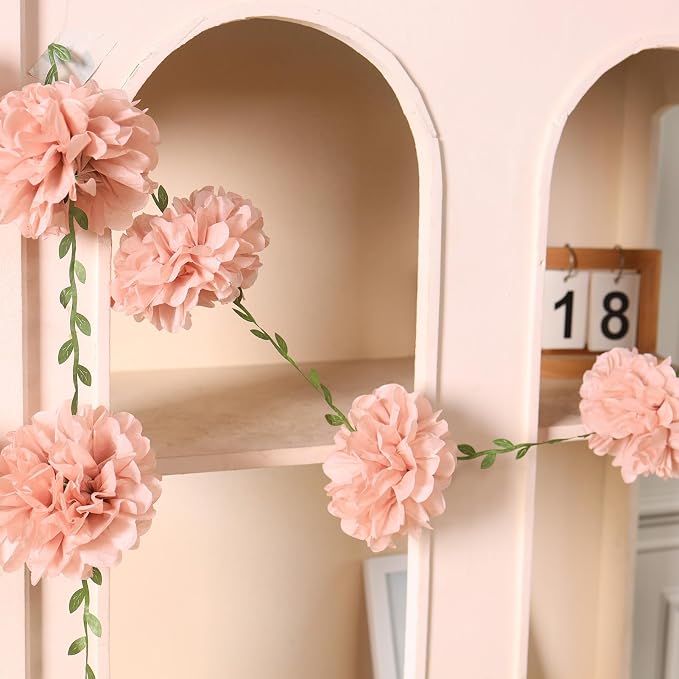 Homarkable Pink Tissue Paper Pom Pom Garlands, Paper Flowers for Birthday Decorations, Baby Shower, Wedding Engagement, Bridal Shower, Spring Summer Party Decorations, 4 Pcs