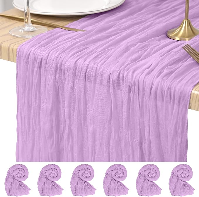 6 Pack Cheesecloth Table Runner Lavender 10Ft Rustic Boho Gauze Table Runner Romantic Long Sheer Fabric Cheesecloth Table Runner for Wedding Festival Birthday Anniversary Dinner Outdoor Events