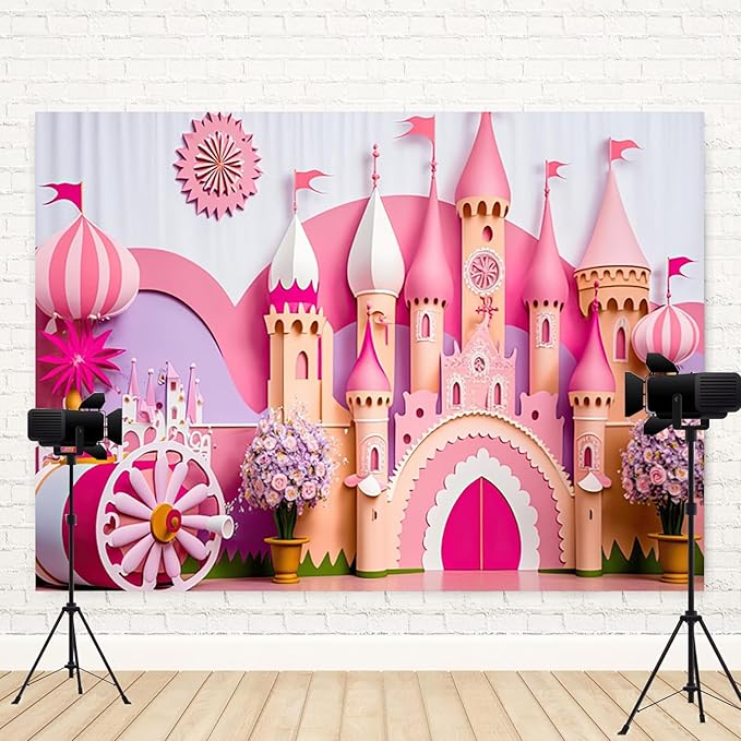 9x6ft Princess Castle Backdrop Pink Purple Floral Girl Birthday Photography Background Kids Birthdays Newborn Baby Shower Banner Decorations Wedding Party Portrait Photo Booth Prop