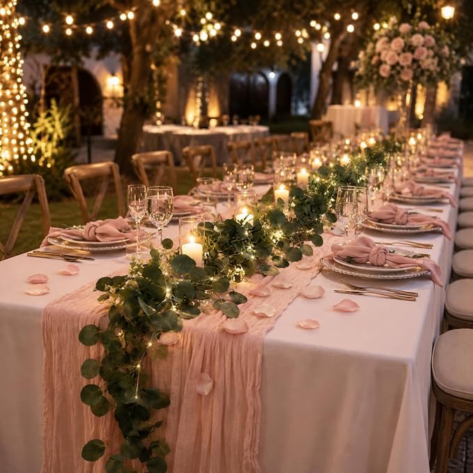 Cinrobiye 11PCS Boho Cheesecloth Table Runner Set 120'' Gauze Table Runner with Wrinkled Napkins Eucalyptus Garland and String Lights for Wedding Baby Shower Tea Party Table Decorations (Blush Pink)