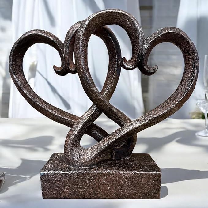 Top Brass Entwined Hearts Tabletop Decor, Two Hearts Love Unity Sculpture – Cast Iron Finish Resin Statue, Romantic Gift for Couples, Wedding & Anniversary, 11 Inches Tall