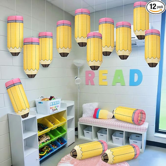 Retisee 12 Pcs Back to School Classroom Decoration Crayon Hanging Paper Lanterns Kindergarten Preschool Art Classroom Ceiling Decor, First Day of School Birthday Supplies