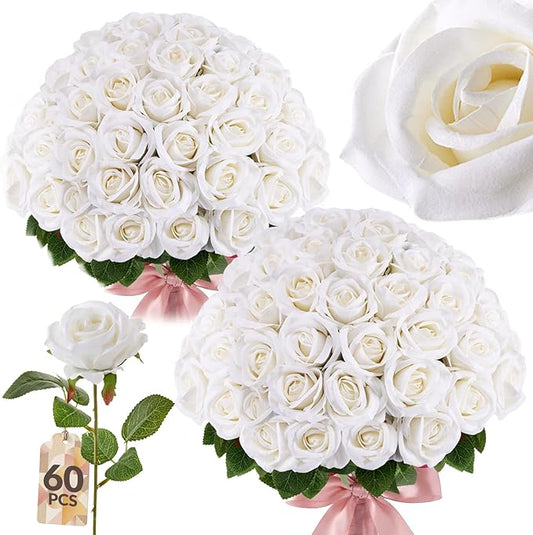 60PCS Roses Artificial Flowers with Realistic Foliage, 20" Overall Length, Bendable Stems, Velvet-Soft Bulk Fake Roses for Valentine's Day, DIY Wedding Bouquets, Home Seasonal Decor(White)