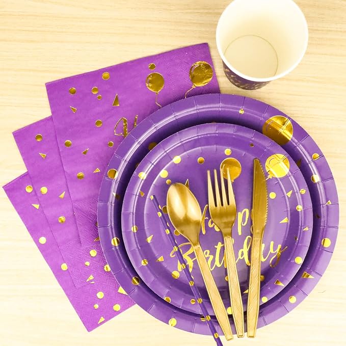 200 Pieces Gold Disposable Party Dinnerware Set &Disposable Purple Birthday Party Dinnerware - Purple Paper Plates Napkins Cups, Gold Plastic Forks Knives Spoons Straws