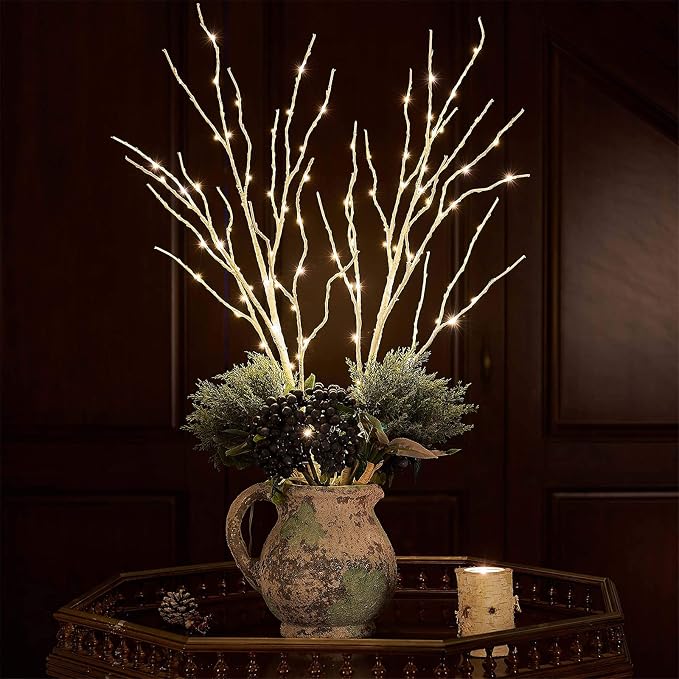Birchlitland Lighted Birch Branches 32IN 100 LED with Timer Battery Operated, Artificial Tree Branch with Warm,Willow Branch Lights for Home Bedroom Fireplace Christmas Holiday Decoration