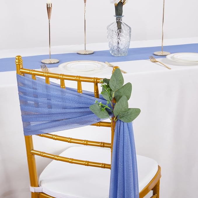 QueenDream Dusty Blue Sashes Wedding Chair Decorations: 24PCS Tulle Chairs Cover Bands Aisle Sheer Chair Bows for Indoor Outdoor Ceremony Banquet