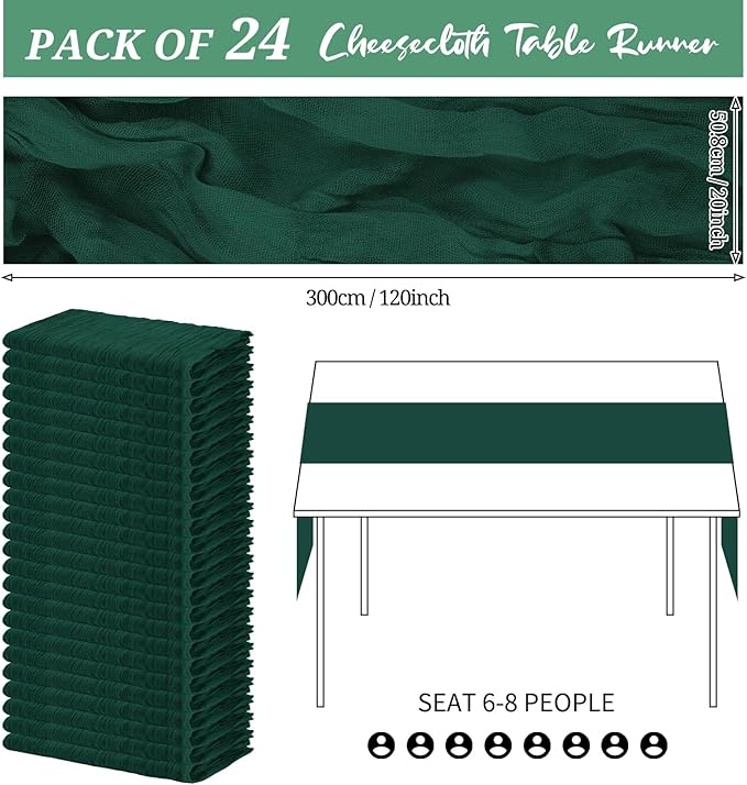 24 Pack Cheesecloth Table Runner 20 x 120 inch Cheese Cloth Table Runner Bulk,Romantic Boho Sheer Gauze Fabric Table Runners for Wedding Reception,Party,Bridal Shower Table Decor(Emerald Green)