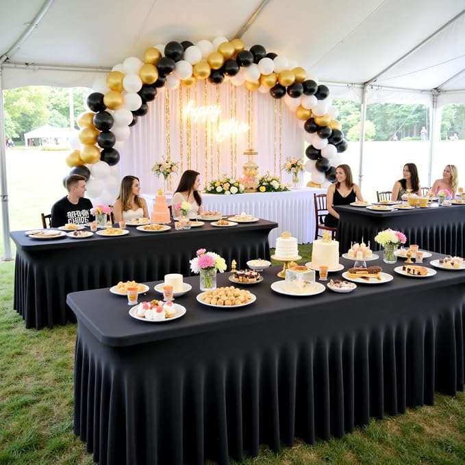 Outpain Black Spandex Table Clothes for 5 Foot Rectangle Tables-4Pack 5FT Spandex Fitted Table Cover, Wrinkle Free Tablecloths with Skirt for Parties, Wedding, Birthday, Banquet, Festival