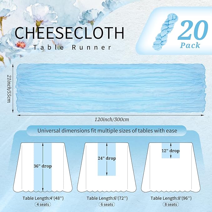 20 Pack Baby Blue Cheesecloth Table Runner 10FT Light Blue Boho Gauze Cheese Cloth Table Runners Romantic Rustic Sheer Table Decorations for Wedding Party Baby Shower Birthday Holiday Home