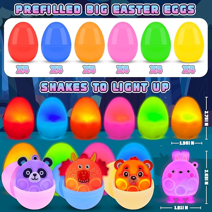 ChildFun Prefilled Easter Eggs with Light Up 3D Animal Pop Toys, 24 Pack Easter Eggs Filled, Easter Basket Stuffers for Toddler Eggs Hunt, Glow in The Dark Easter Egg, Easter Gifts for Kids