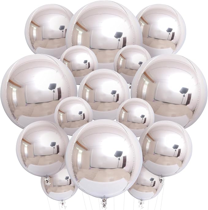 Metallic Silver Balloons - 22 Inch, Pack of 14 | 4D Round Foil Balloons for Silver Party Decorations | Silver Balloons For Birthday Decorations, Disco Party Decorations | KatchOn