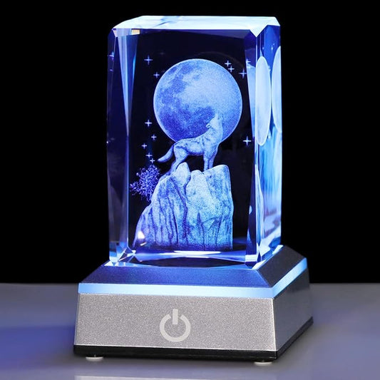 YWHL 3D Crystal Wolf Gifts for Man Women, Wolf Figurines Present with Light Base for Animal Lovers on Birthday Christmas, Figurine Collection for Home Decor