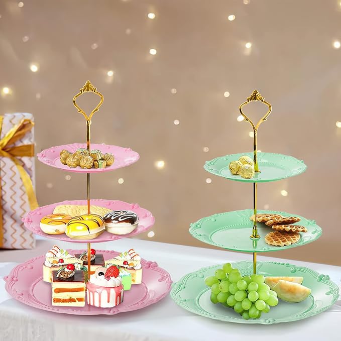 Fasmov 3 Pack 3 Tier Plastic Cupcake Stand, Dessert Plates Cake Fruit Candy Display Tower Reusable Pastry Platter for Wedding Birthday Baby Shower Tea Party Decorations - White Pink Green