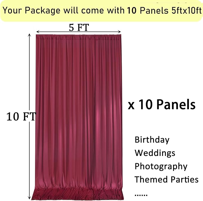 50ftx10ft Wrinkle Free Burgundy Backdrop Curtains for Parties, Silky Polyester Maroon Photo Backdrop Drapes 10 Panels 5x10ft for Wedding Birthday Baby Shower Photography Background