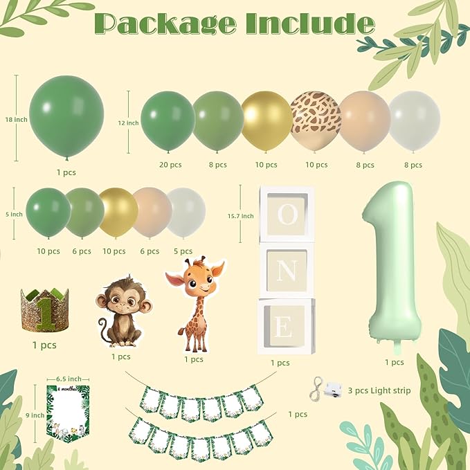 Wild One Birthday Decorations - Number 1 Balloons Sets for 1st Birthday Decorations with Sage Green Balloons Arch Kit ONE Box Jungle Safari Boys First Birthday Decor One Birthday Party Supplies