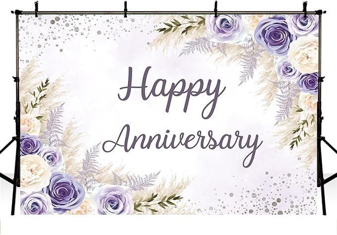 MEHOFOND Boho Happy Anniversary Backdrop Purple Floral Bohemia Pampas Grass Anniversary Banner Cheers to Marriage Wedding Party Decorations Memorial Portrait Photo Booth Background 8x6ft