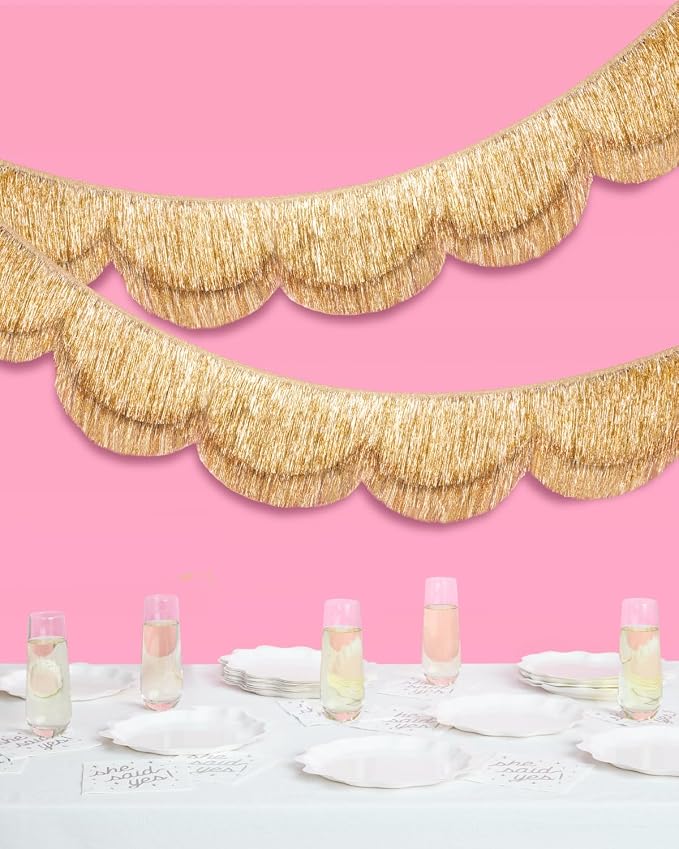 xo, Fetti Gold Scalloped Layered Fringe Banner - 5 Ft. | Bachelorette Party Decorations, Birthday Party Decor, HBD Decor, Photo Booth Banner Backdrop