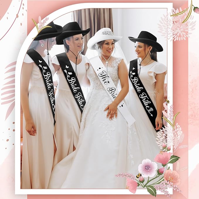 Newcotte 14 Pcs Bride Cowgirl Hat with Veil and Satin Sash Bachelorette Cowboy Hats Set for Wedding Party Bridal Shower Decor