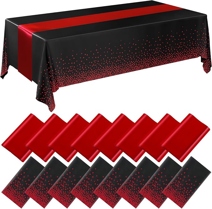 Breling 16 Pack Black and Red Disposable Plastic Tablecloths and Satin Table Runner Set, 54 x 108 Inch Tablecloth, 12 x 108 Inch Table Runners for Wedding Graduation Birthday Baby Shower