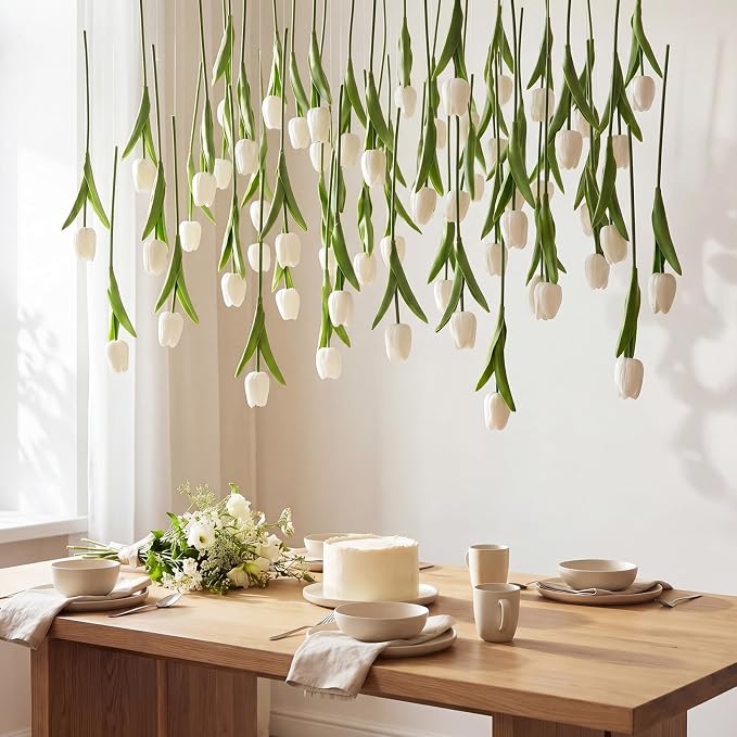 24 Pack White 5 ft Artificial Tulips Hanging Flower Garland Decorations Spring Summer Dangling Faux Tulip Floral Vine Strings with Hooks for Wall Ceiling Wedding Tea Party