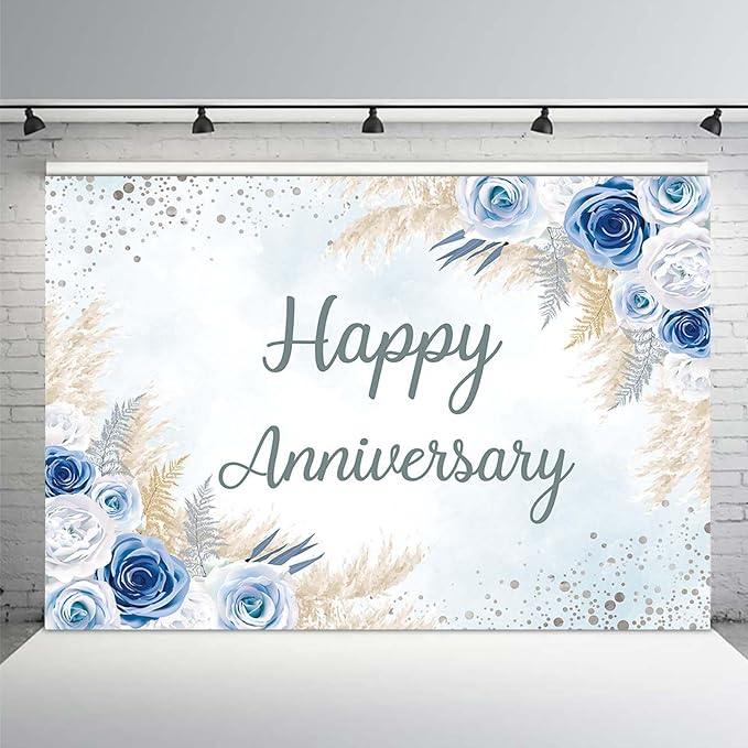MEHOFOND Boho Happy Anniversary Backdrop Blue Floral Bohemia Pampas Grass Anniversary Banner Cheers to Marriage Wedding Party Decorations Memorial Portrait Photo Booth Background 7x5ft